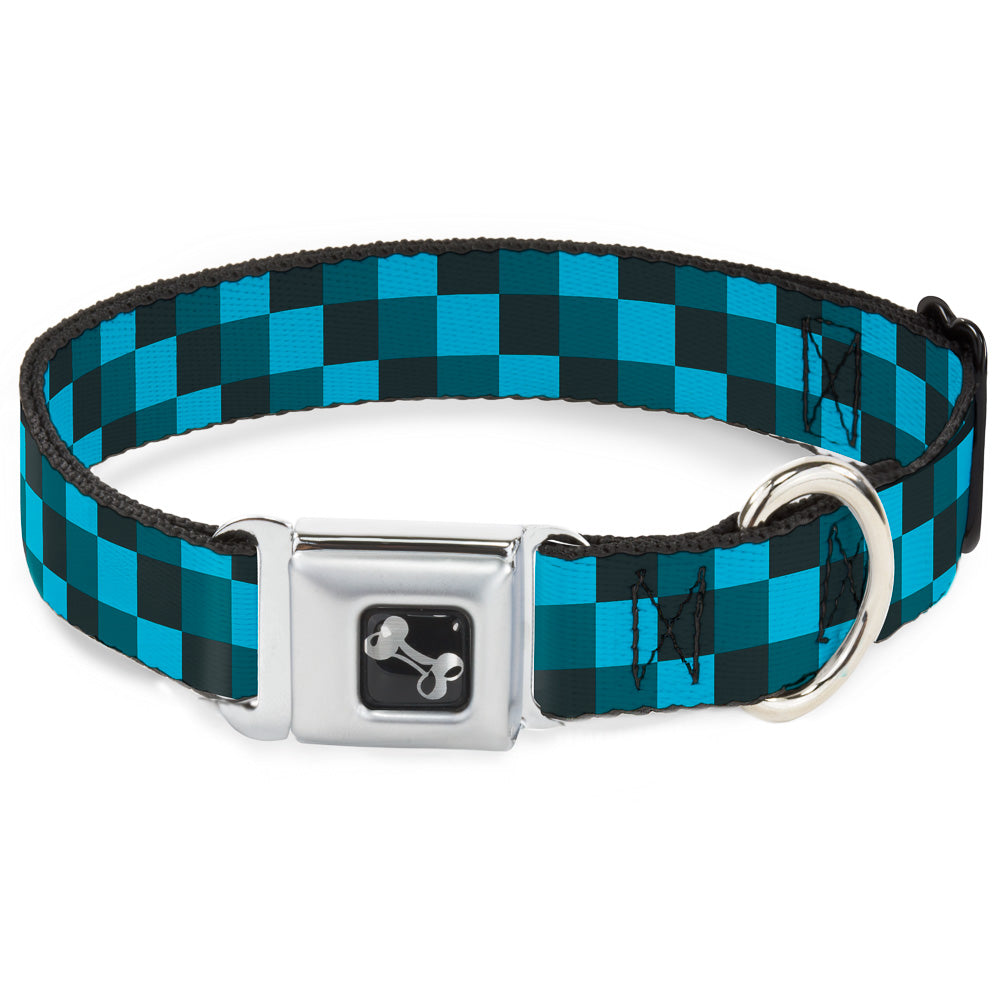Dog Bone Seatbelt Buckle Collar - Checker Trio Baby Blue/Black/Turquoise