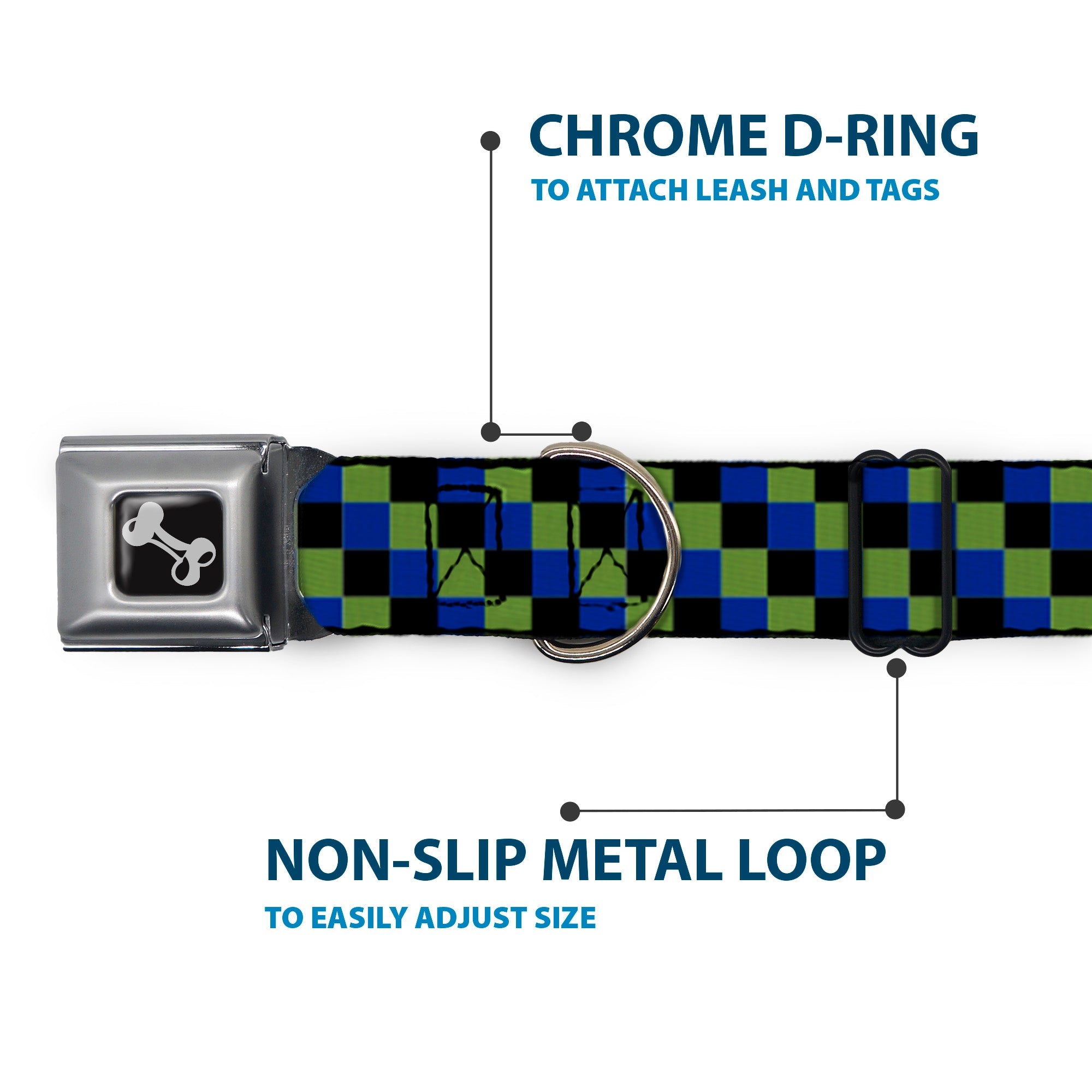Dog Bone Seatbelt Buckle Collar - Checker Trio Green/Black/Blue