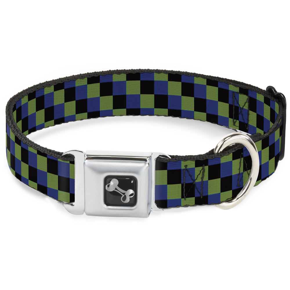 Dog Bone Seatbelt Buckle Collar - Checker Trio Green/Black/Blue