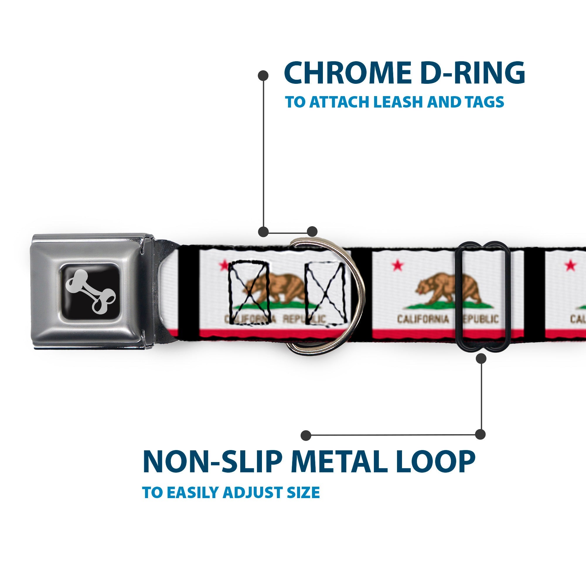 Dog Bone Seatbelt Buckle Collar - California Flag Repeat/Black