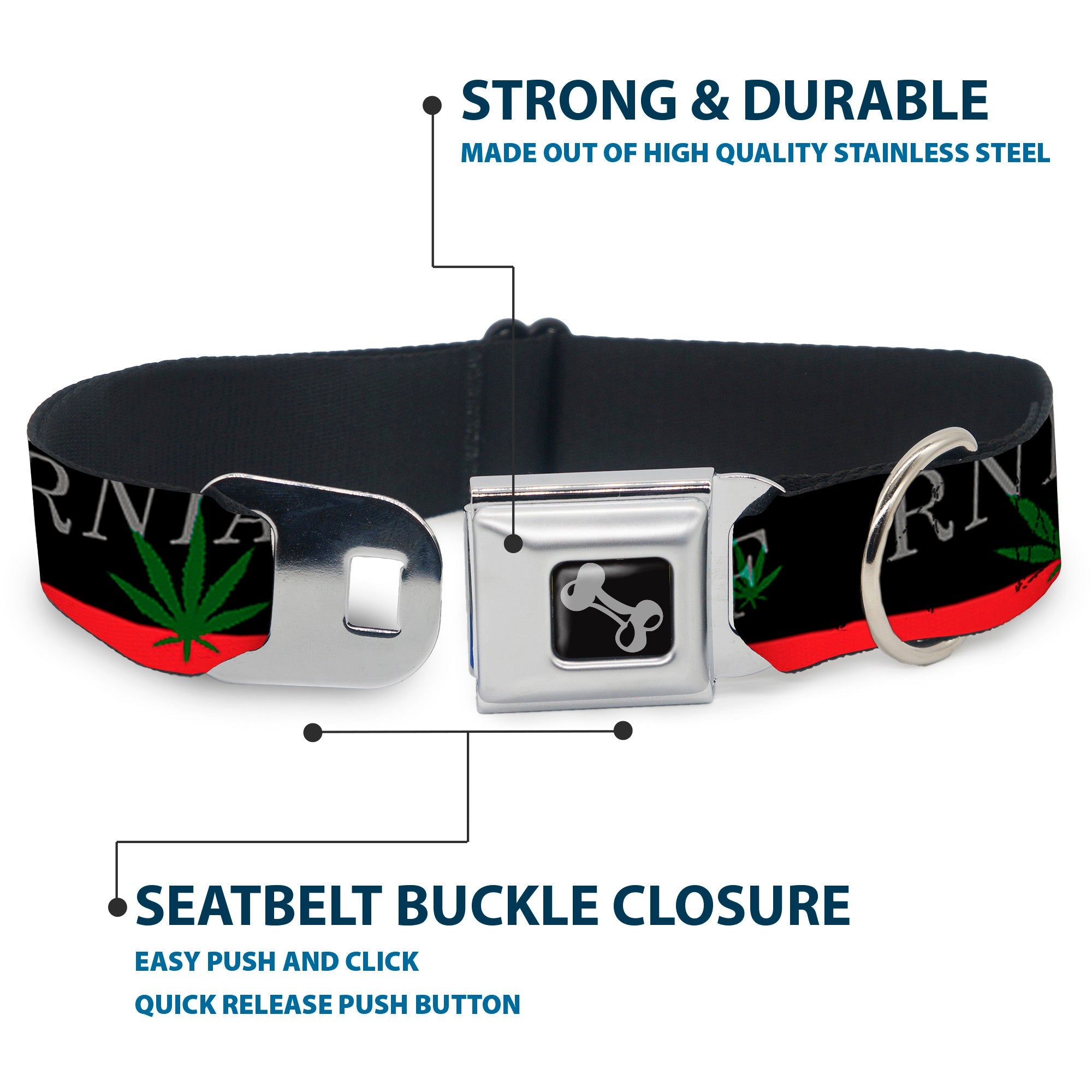 Dog Bone Seatbelt Buckle Collar - CALIFORNIA/Pot Leaf Black/Red/Green/White