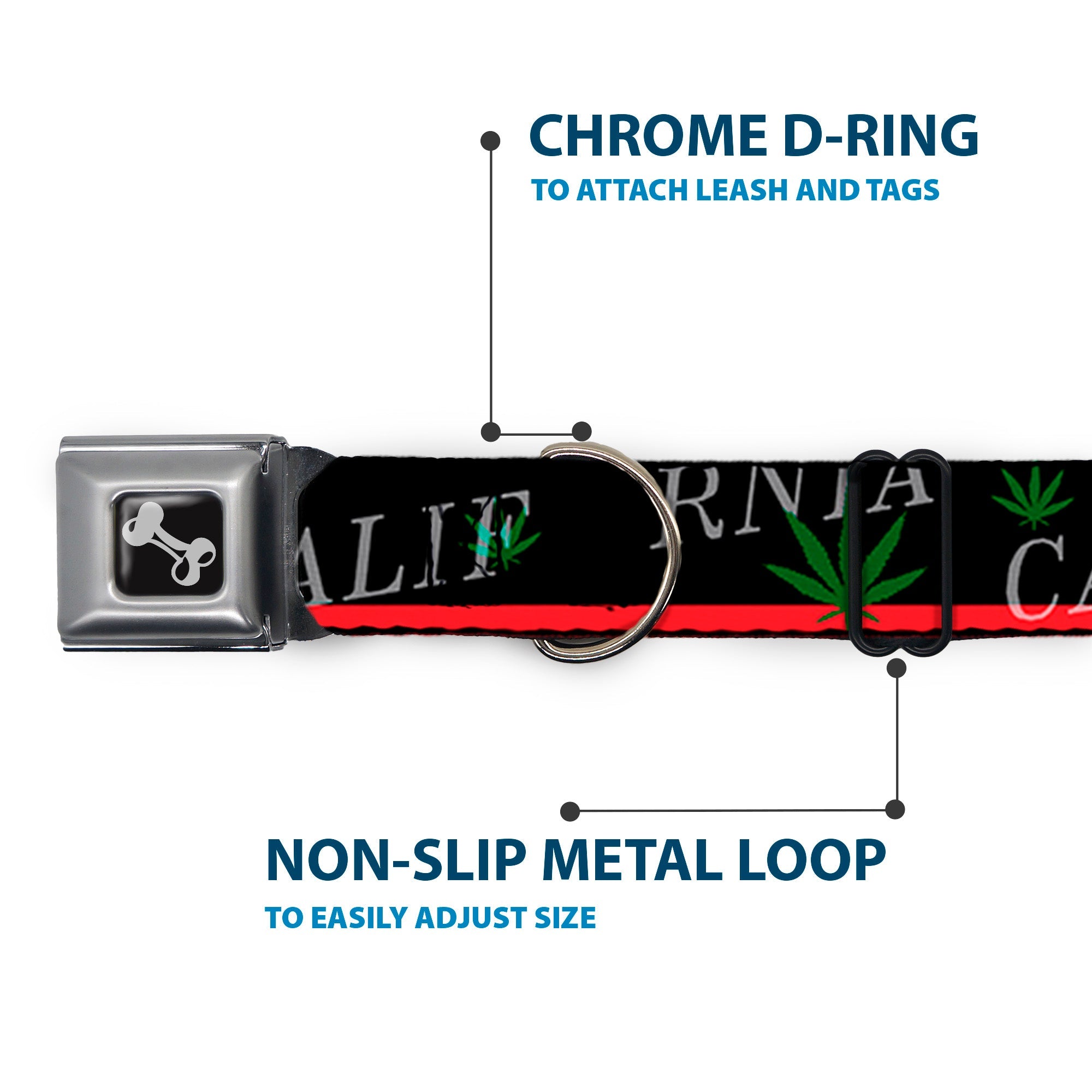 Dog Bone Seatbelt Buckle Collar - CALIFORNIA/Pot Leaf Black/Red/Green/White