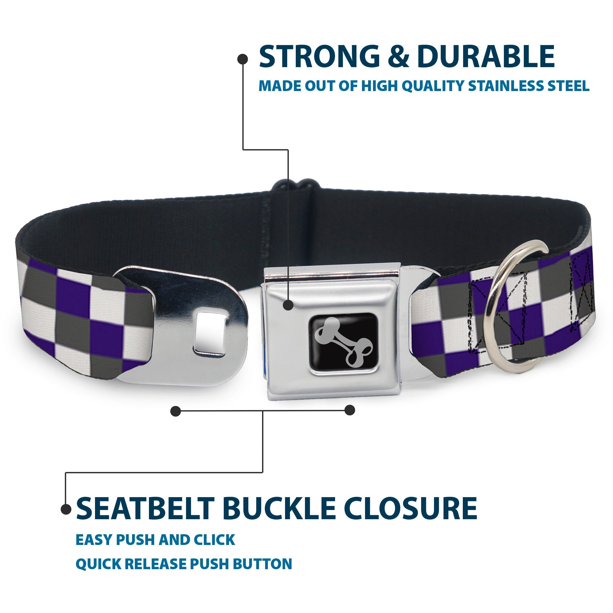 Dog Bone Seatbelt Buckle Collar - Checker Gray/Purple/White