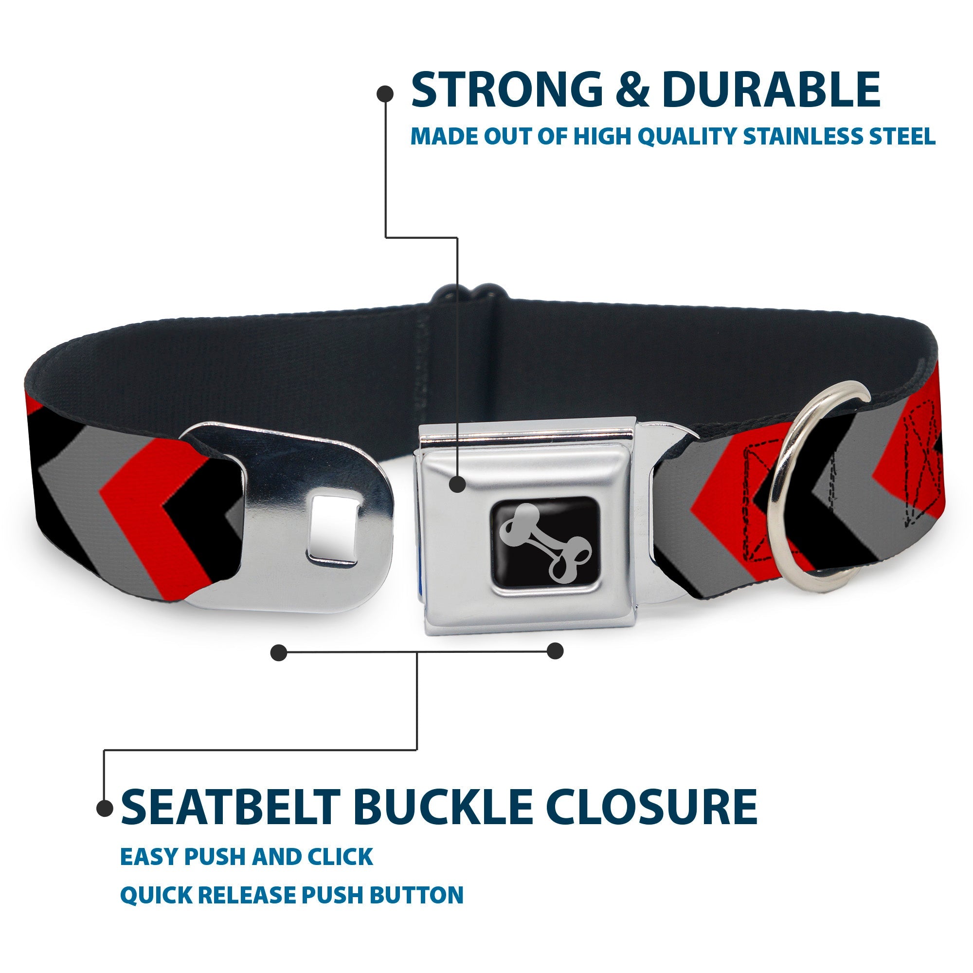 Dog Bone Seatbelt Buckle Collar - Chevron Red/Black/Gray