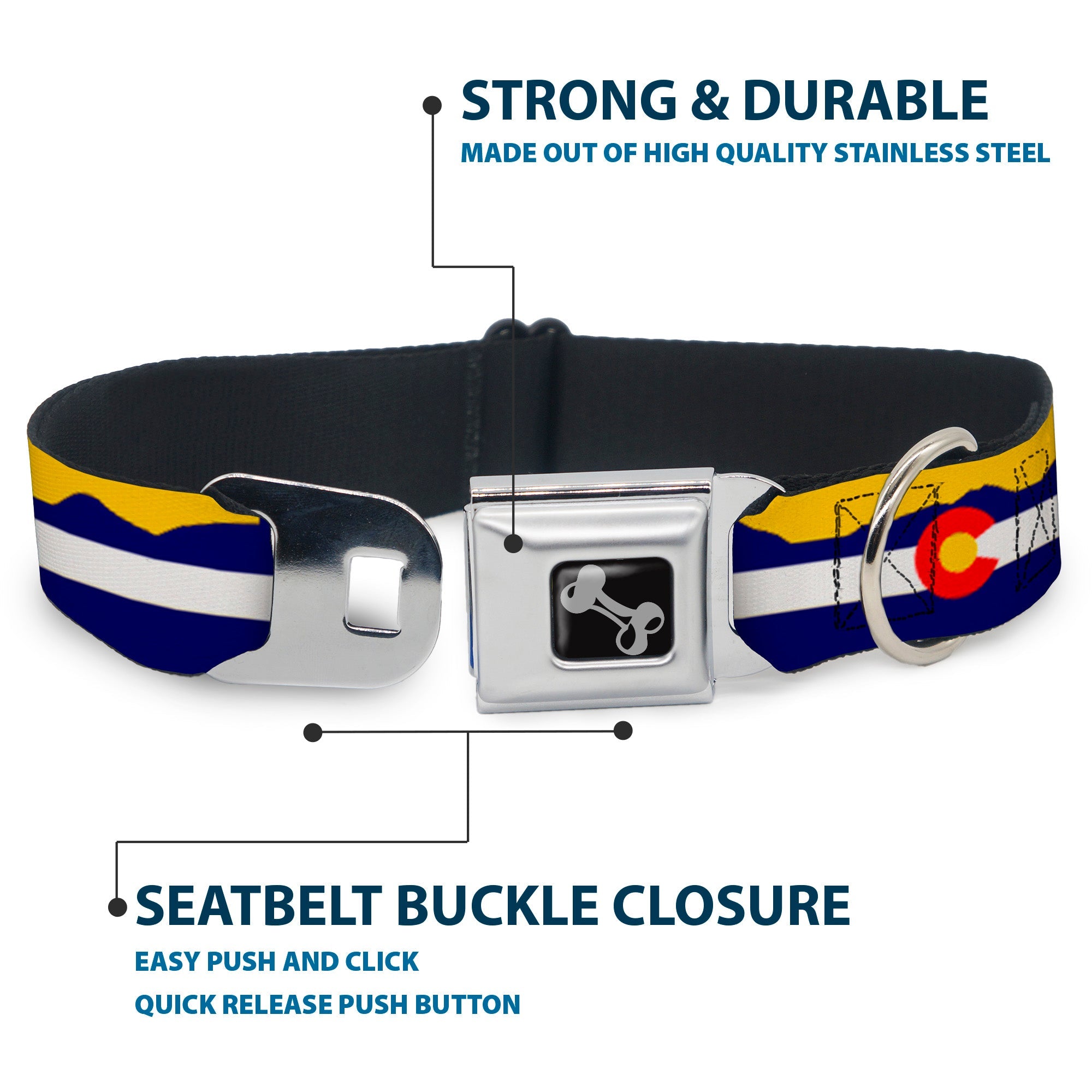Dog Bone Seatbelt Buckle Collar - Colorado Flag/Mountain Silhouette Yellow