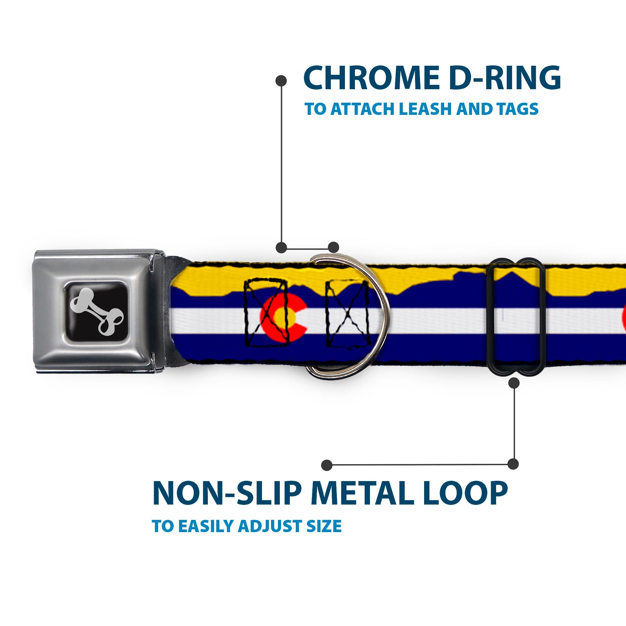 Dog Bone Seatbelt Buckle Collar - Colorado Flag/Mountain Silhouette Yellow
