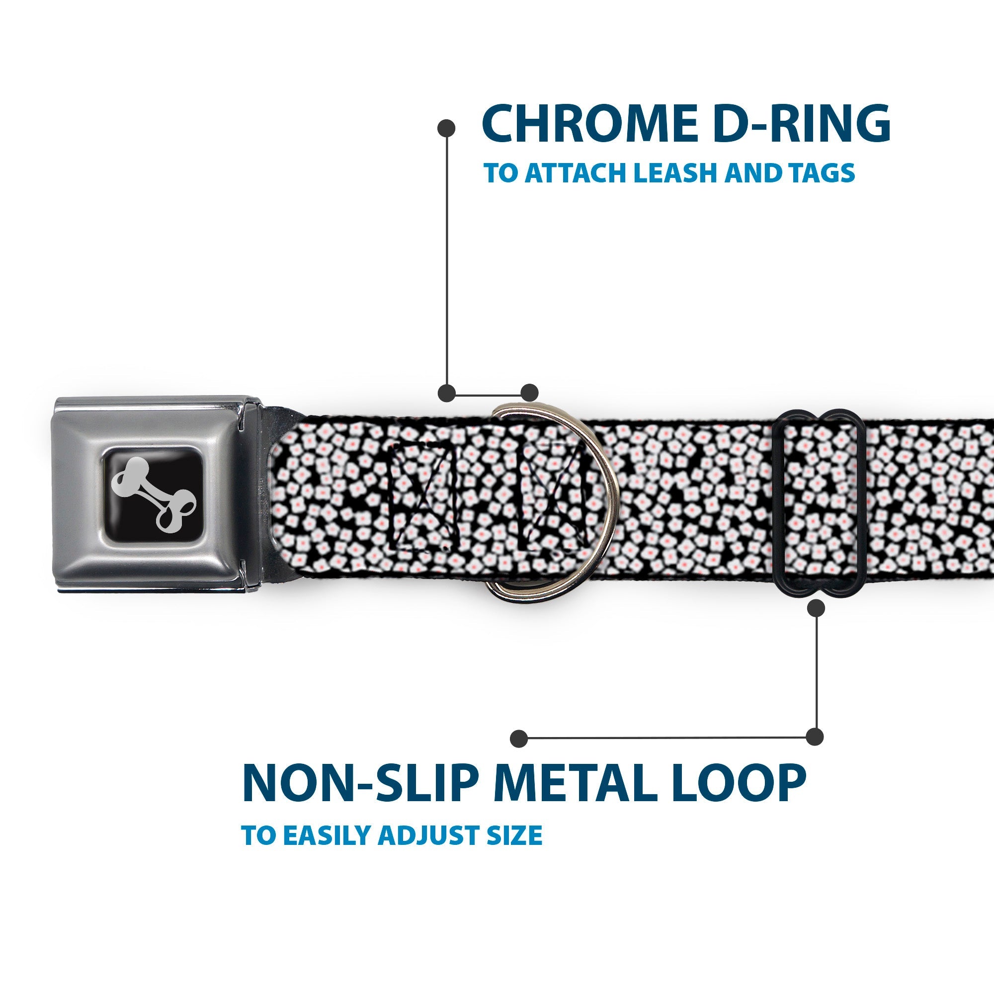 Dog Bone Seatbelt Buckle Collar - Ditsy Floral Black/White/Red