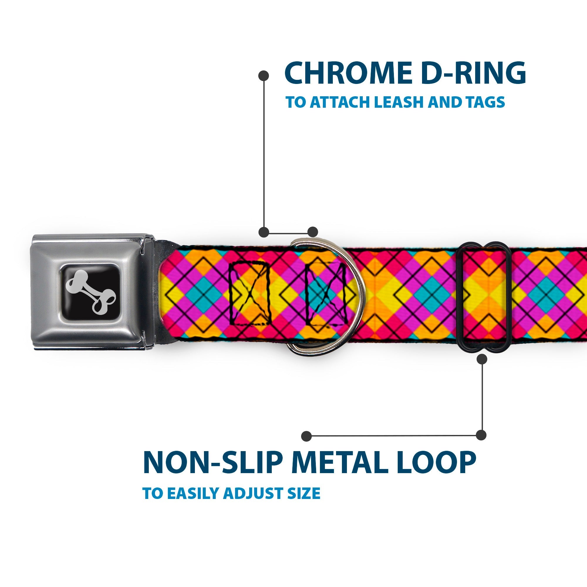 Dog Bone Seatbelt Buckle Collar - Diamond Plaid Orange/Yellow/Blue/Purple/Fuchsia
