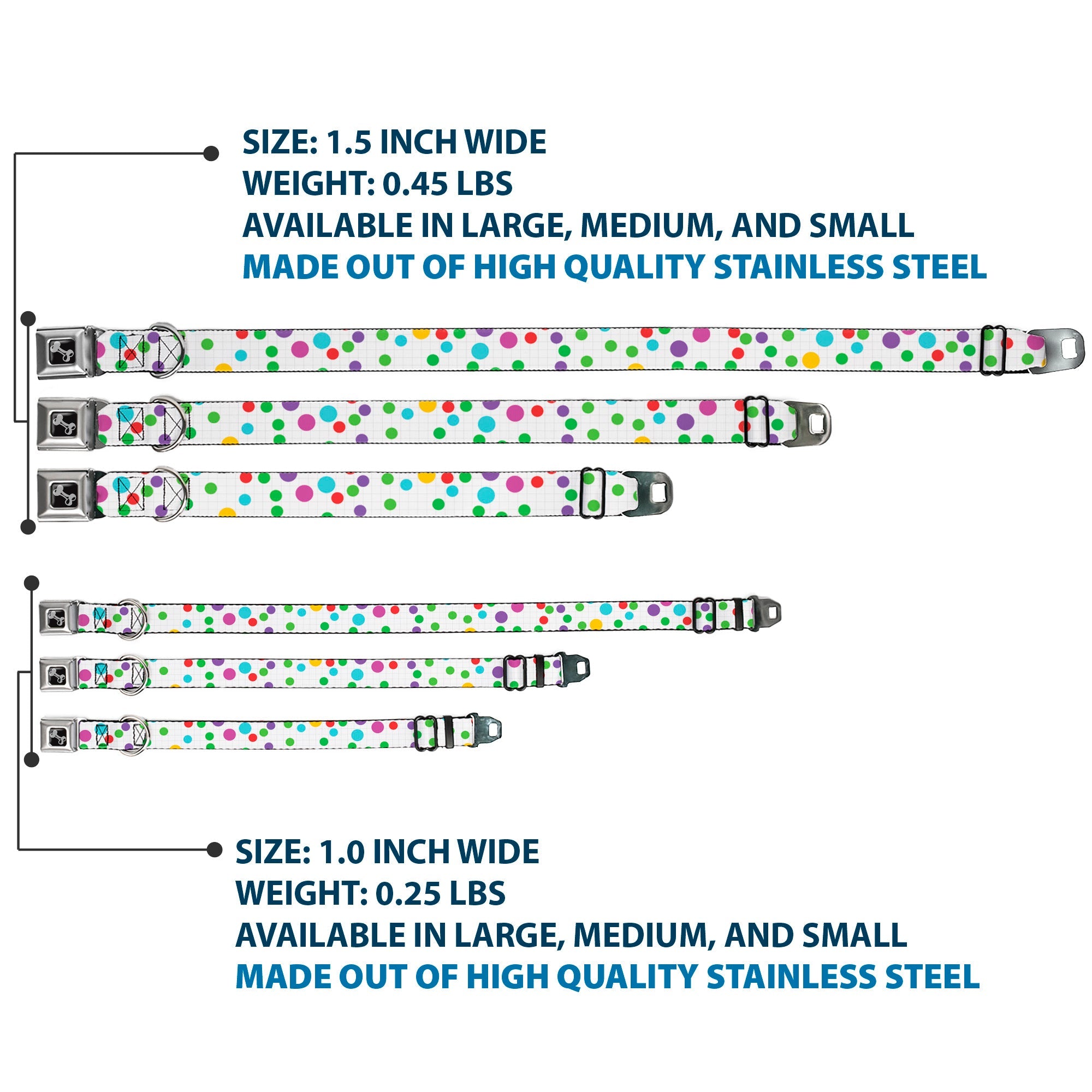 Dog Bone Black/Silver Seatbelt Buckle Collar - Dots/Grid White/Gray/Multi Color