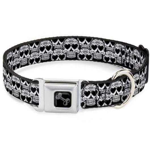 Dog Bone Seatbelt Buckle Collar - Diamond Sugar Skull Stacked Black/Silver Fade/White