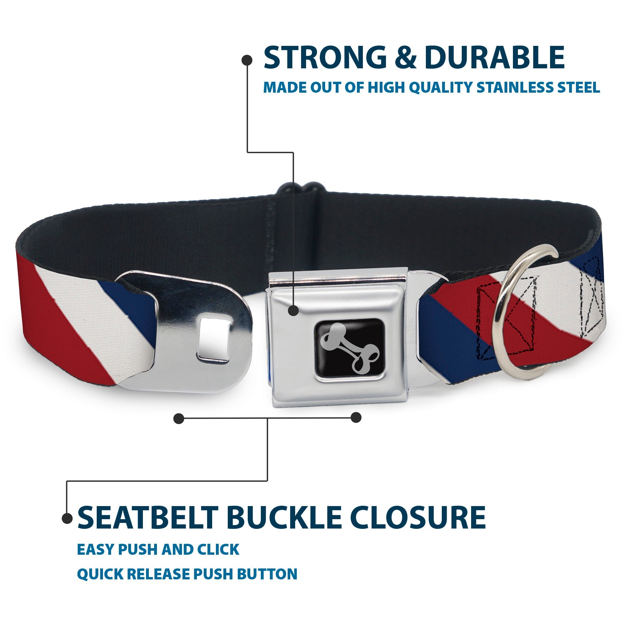 Dog Bone Seatbelt Buckle Collar - Diagonal Stripe Red/White/Navy
