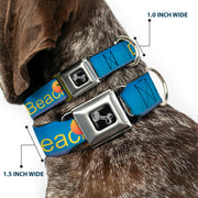 Dog Bone Seatbelt Buckle Collar - DAYTON BEACH Script/Sun/Palm Trees Blue Fade/Yellow/Oranges/Green