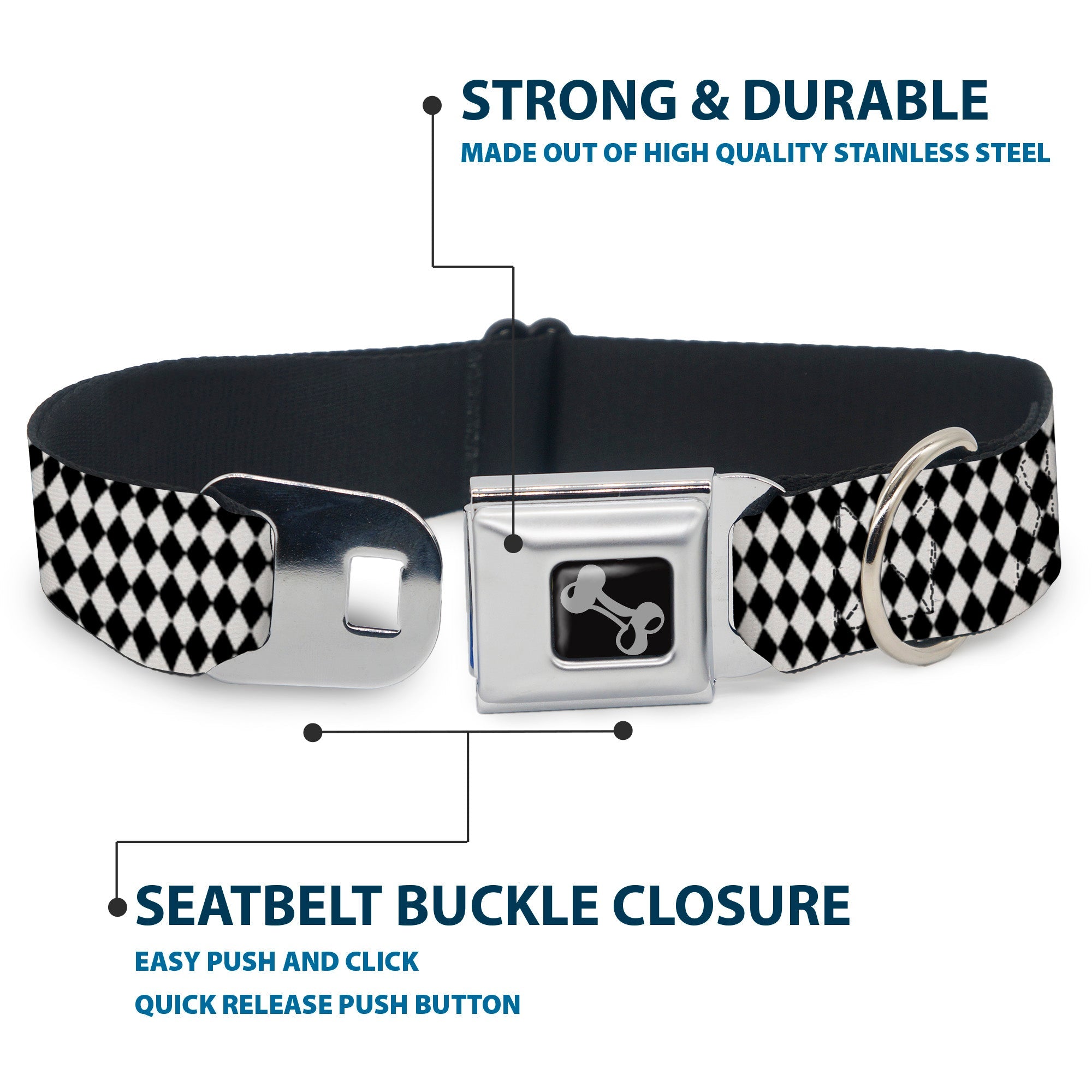 Dog Bone Black/Silver Seatbelt Buckle Collar - Diamonds Stripe White/Black