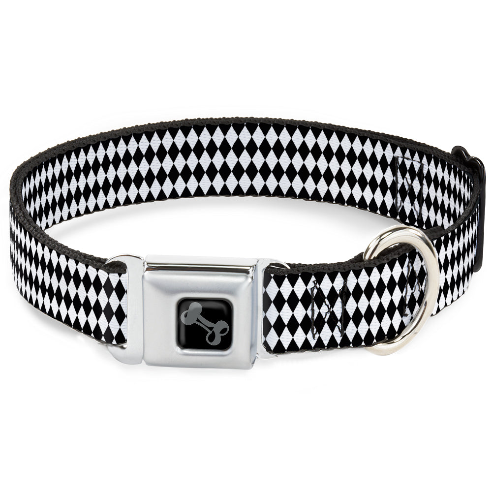 Dog Bone Black/Silver Seatbelt Buckle Collar - Diamonds Stripe White/Black