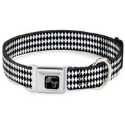Dog Bone Black/Silver Seatbelt Buckle Collar - Diamonds Stripe White/Black