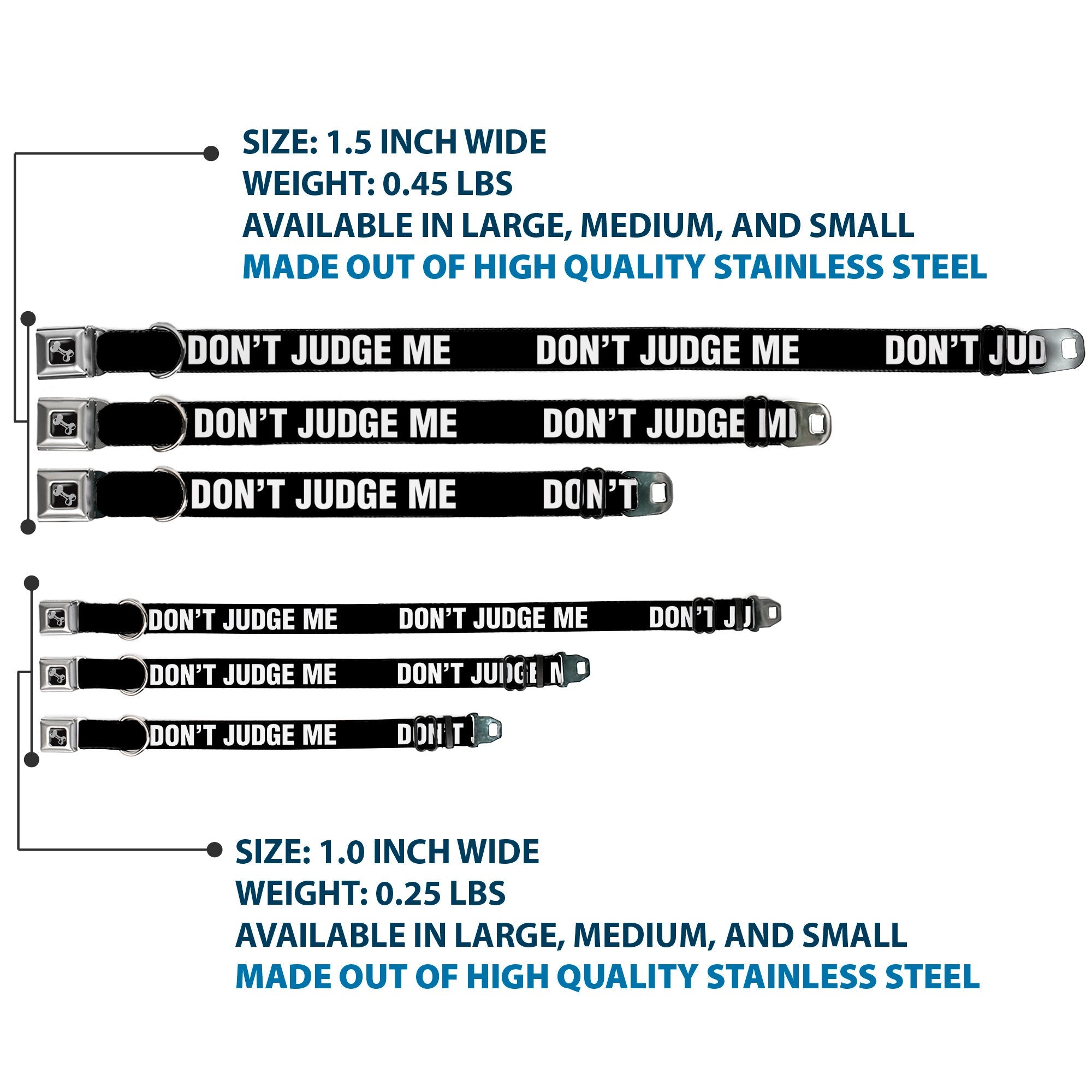 Dog Bone Black/Silver Seatbelt Buckle Collar - DON'T JUDGE ME Black/White