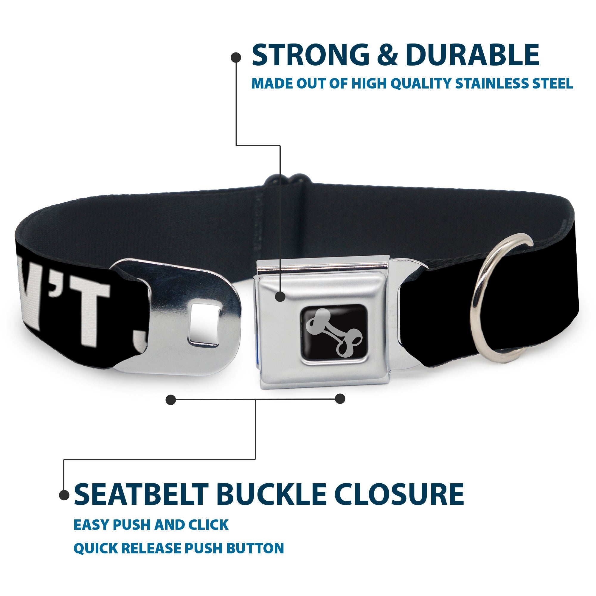 Dog Bone Black/Silver Seatbelt Buckle Collar - DON'T JUDGE ME Black/White