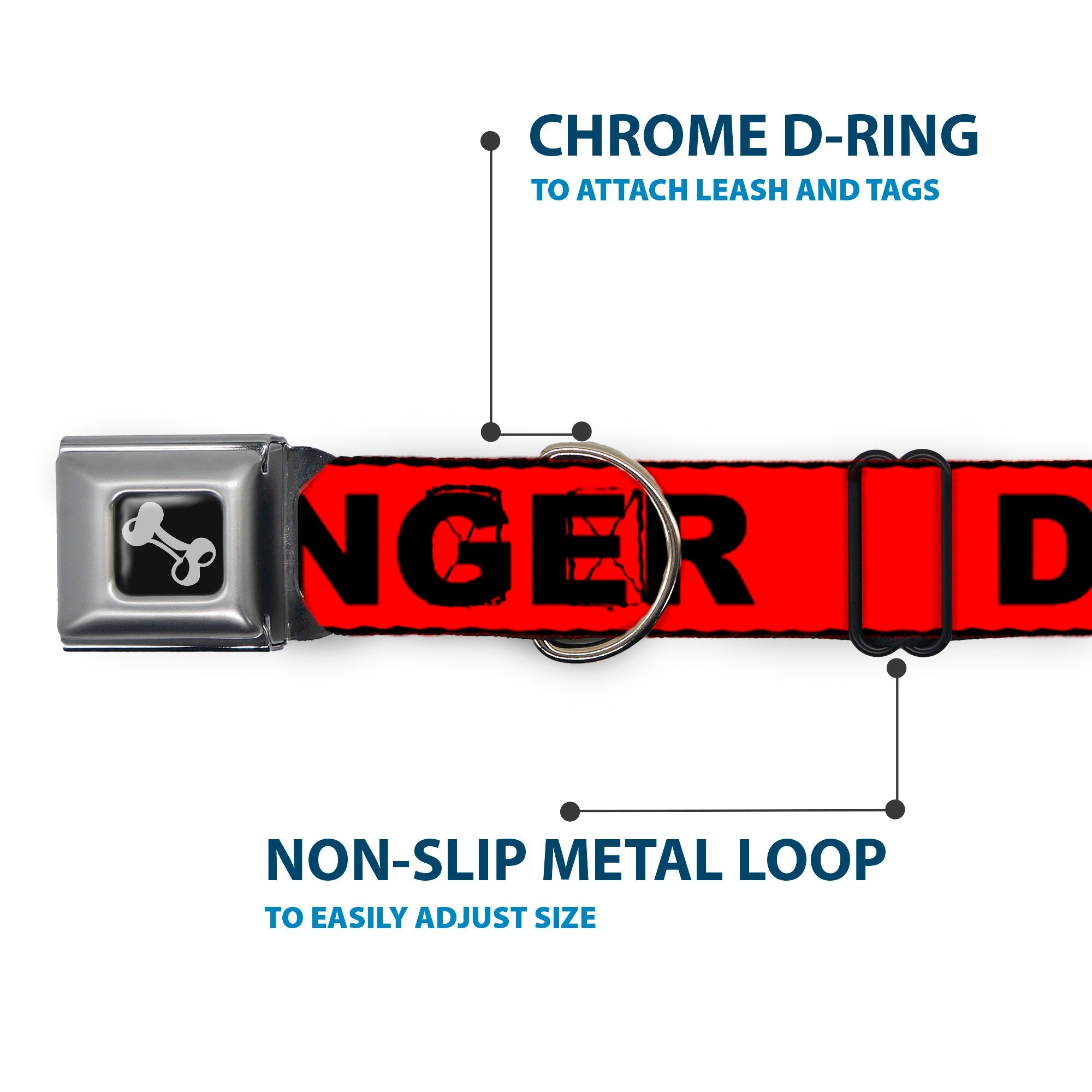 Dog Bone Black/Silver Seatbelt Buckle Collar - DANGER Text Red/Black
