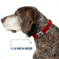 Load image into Gallery viewer, Dog Bone Black/Silver Seatbelt Buckle Collar - DANGER Text Red/Black
