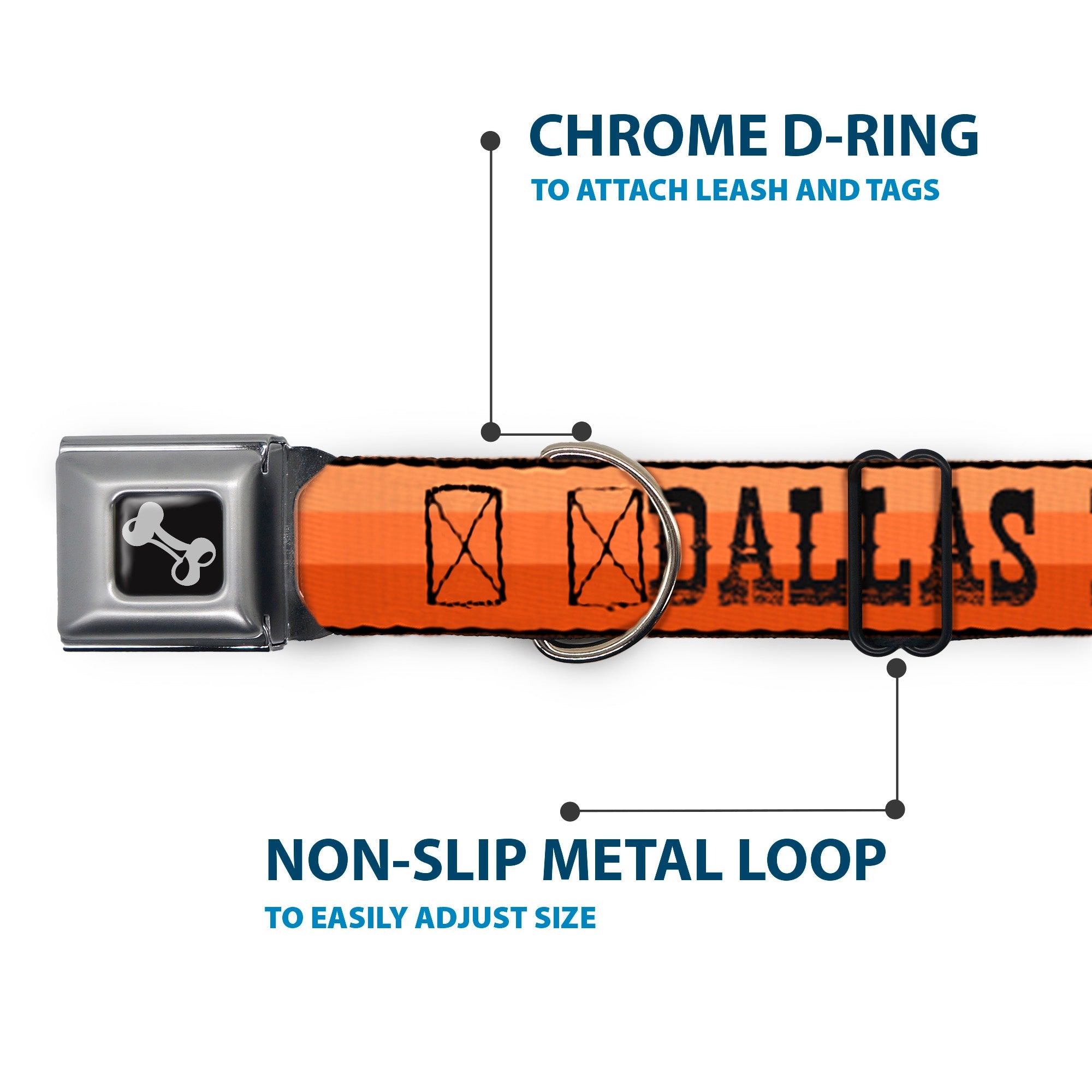 Dog Bone Black/Silver Seatbelt Buckle Collar - Dallas-Raleigh-Tennessee-Austin-Boston Stripes Browns/Black