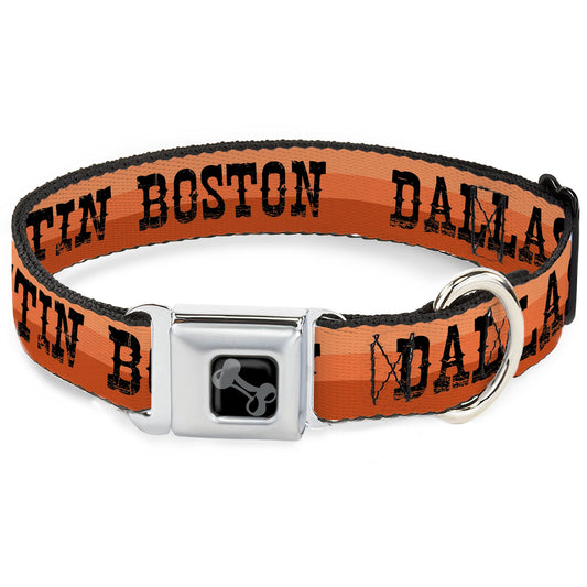 Dog Bone Black/Silver Seatbelt Buckle Collar - Dallas-Raleigh-Tennessee-Austin-Boston Stripes Browns/Black