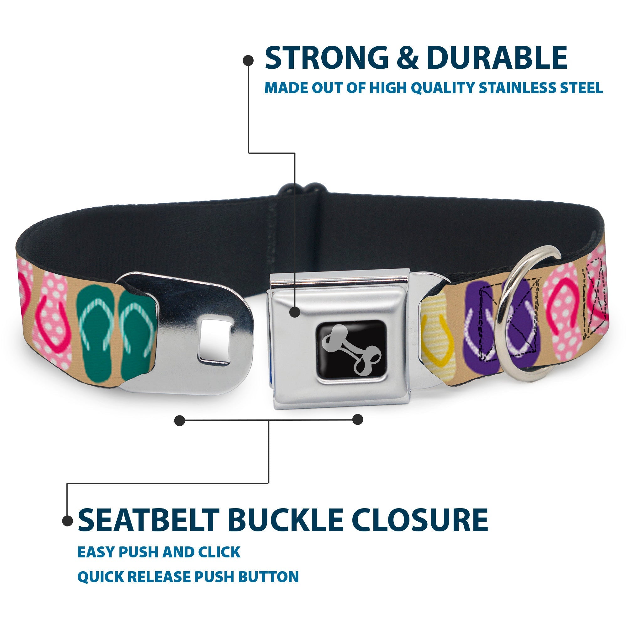 Dog Bone Seatbelt Buckle Collar - Flip Flops5 CLOSE-UP Sand/Multi Color