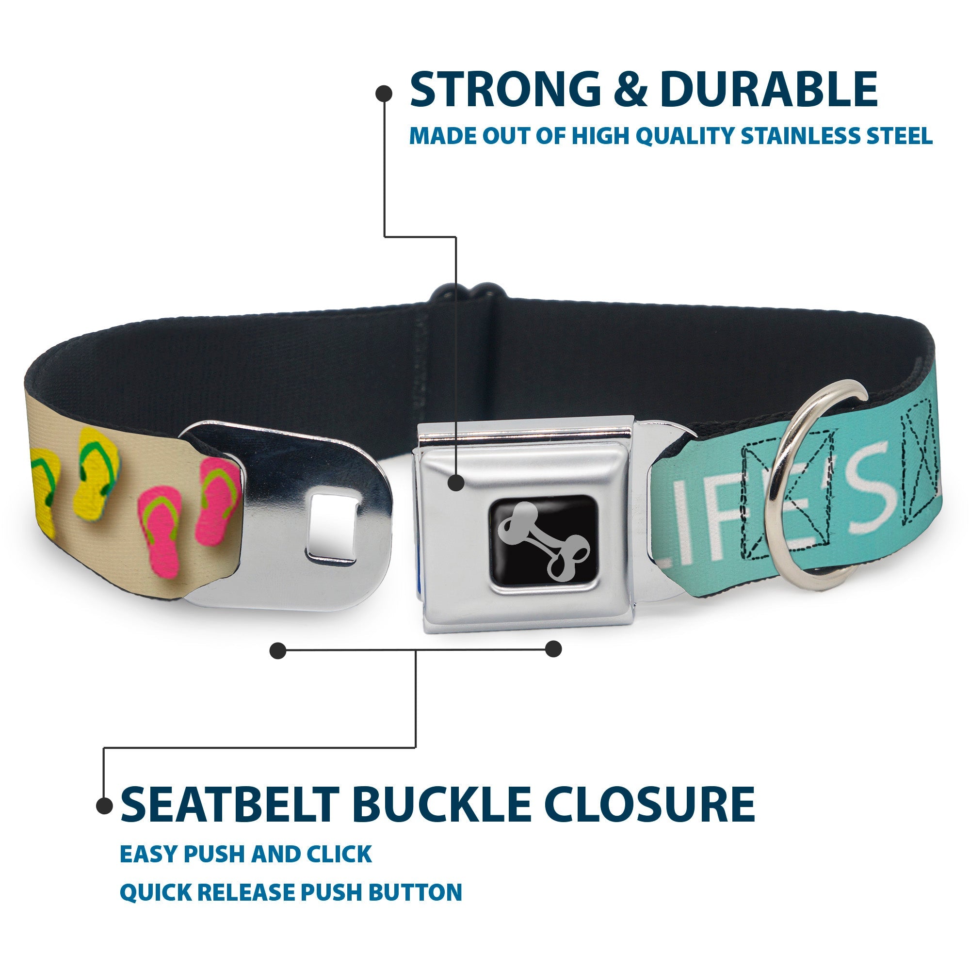 Dog Bone Seatbelt Buckle Collar - Flip Flops7 LIFE'S A BEACH Tan/Aqua/White