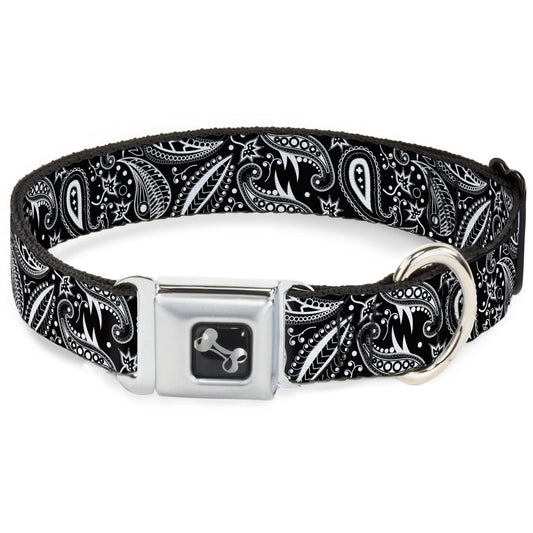 Dog Bone Seatbelt Buckle Collar - Floral Paisley3 Black/White