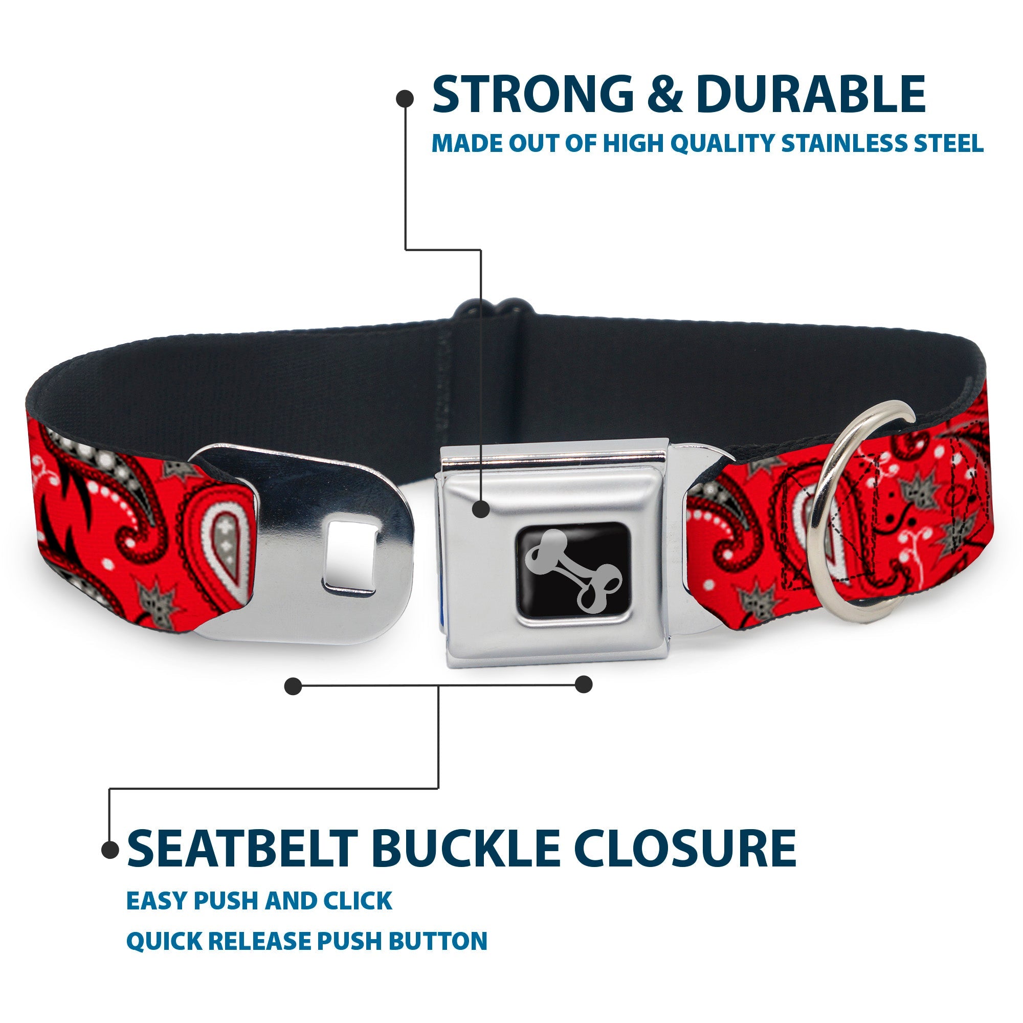 Dog Bone Seatbelt Buckle Collar - Floral Paisley3 Red/Black/Gray/White