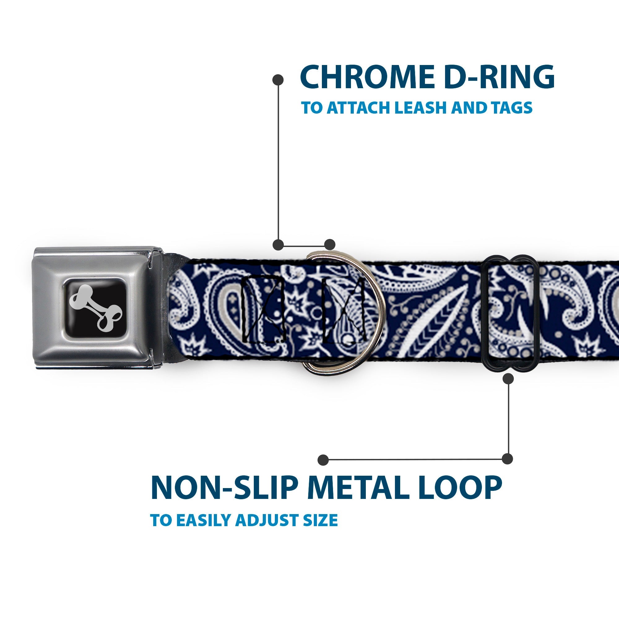 Dog Bone Seatbelt Buckle Collar - Floral Paisley3 Blue/White/Gray