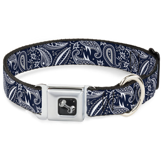 Dog Bone Seatbelt Buckle Collar - Floral Paisley3 Blue/White/Gray