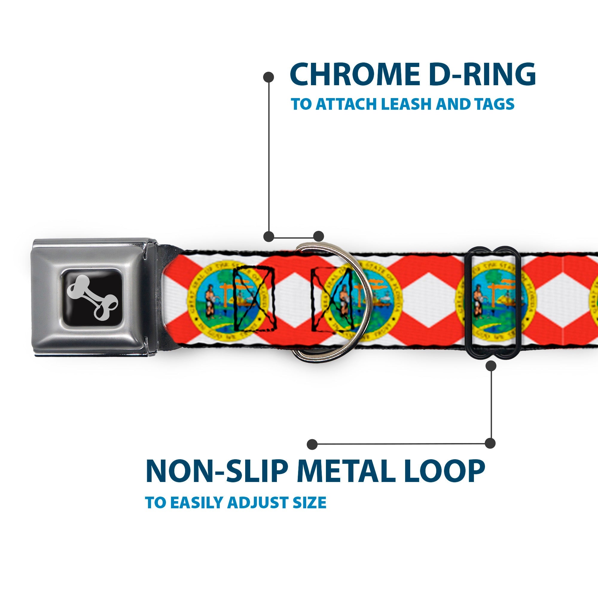 Dog Bone Black/Silver Seatbelt Buckle Collar - Florida Flag Continuous