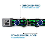 Dog Bone Black/Silver Seatbelt Buckle Collar - Football/Helmet Stripe Black/Neon Green/Blue