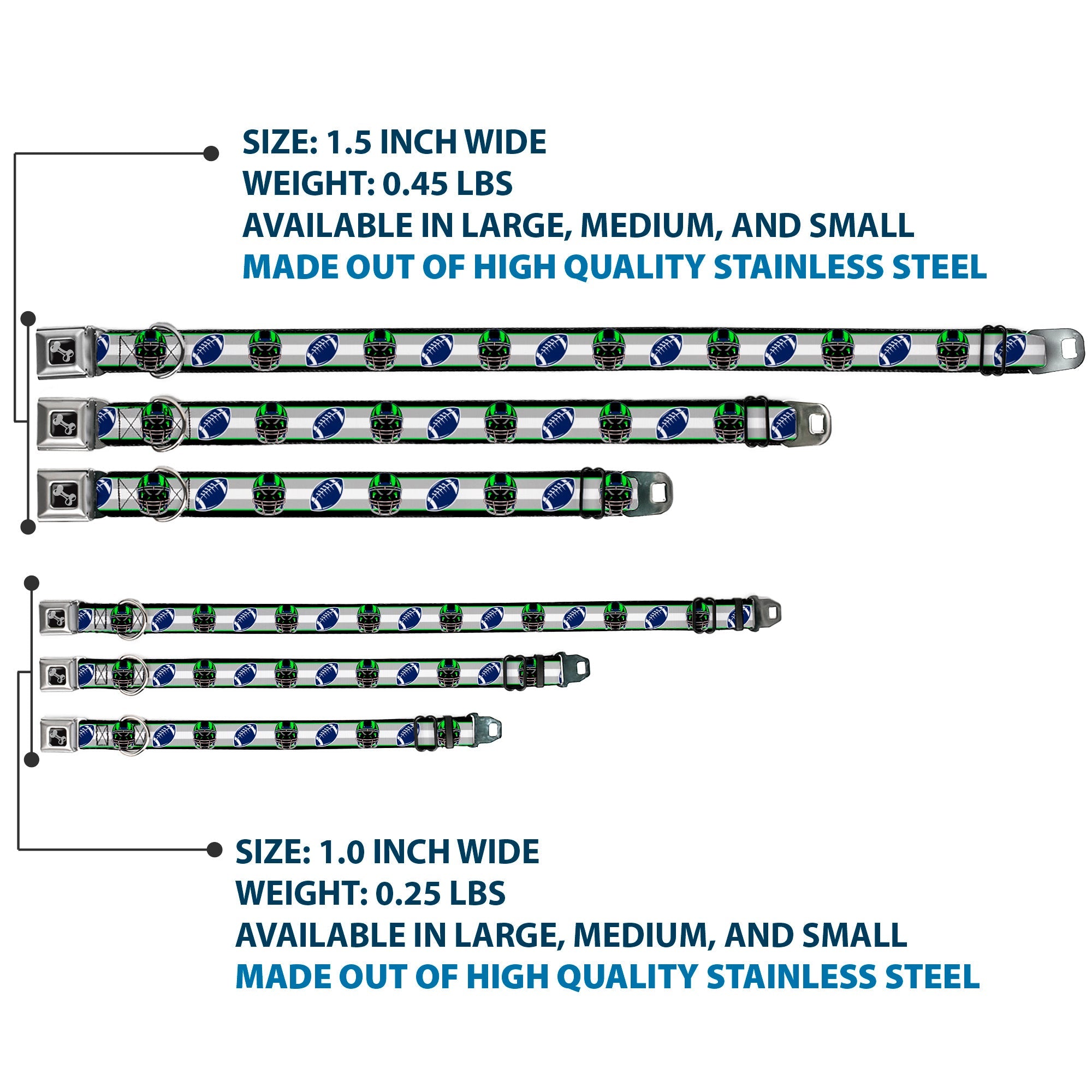 Dog Bone Black/Silver Seatbelt Buckle Collar - Football/Helmet Stripe2 Black/Neon Green/Silver/White/Blue