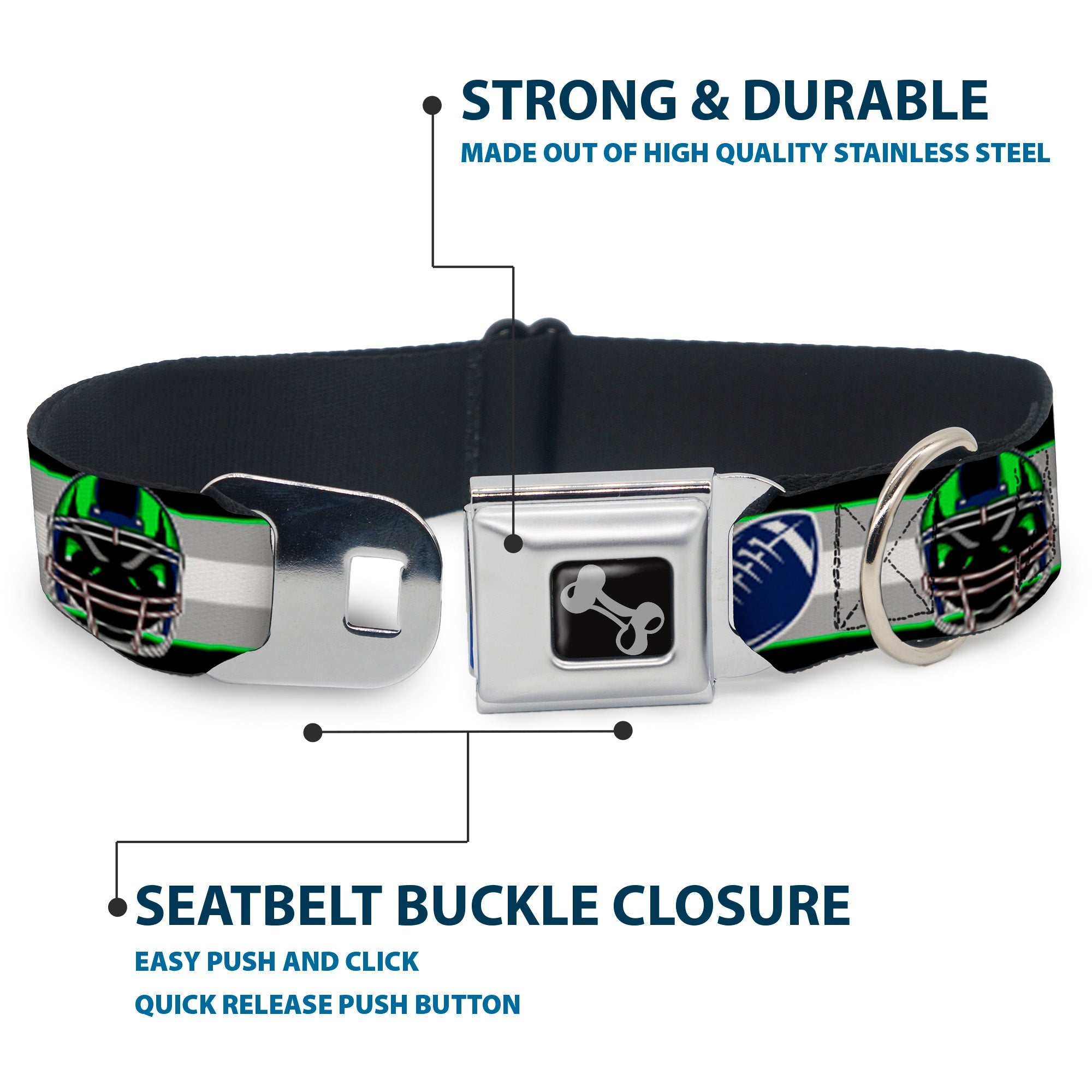 Dog Bone Black/Silver Seatbelt Buckle Collar - Football/Helmet Stripe2 Black/Neon Green/Silver/White/Blue