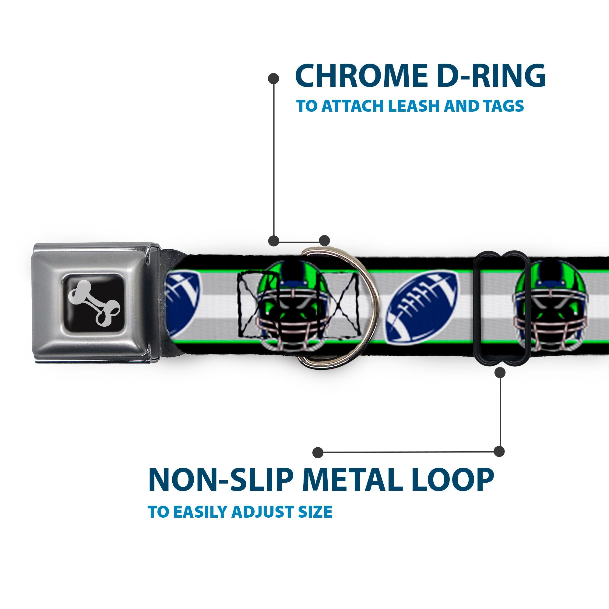 Dog Bone Black/Silver Seatbelt Buckle Collar - Football/Helmet Stripe2 Black/Neon Green/Silver/White/Blue