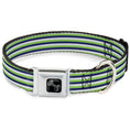 Load image into Gallery viewer, Dog Bone Black/Silver Seatbelt Buckle Collar - Fine Stripes White/Neon Green/Navy
