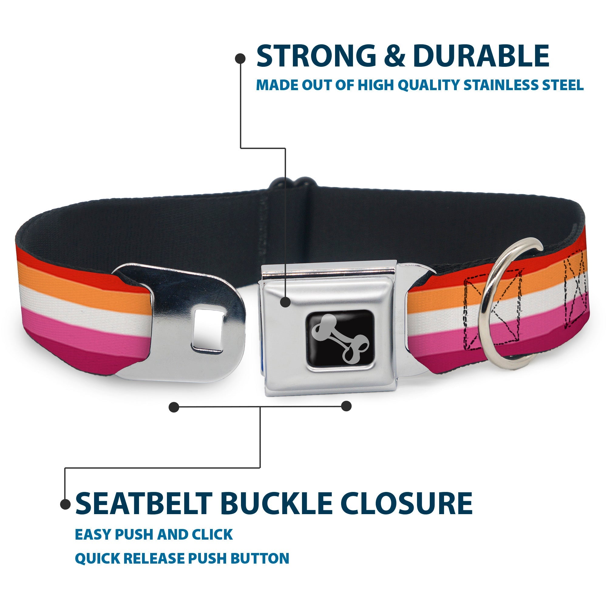 Dog Bone Black/Silver Seatbelt Buckle Collar - Flag Lesbian Five Stripe Oranges/White/Pinks
