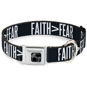 Dog Bone Black/Silver Seatbelt Buckle Collar - FAITH Greater Than FEAR Navy Blue/White