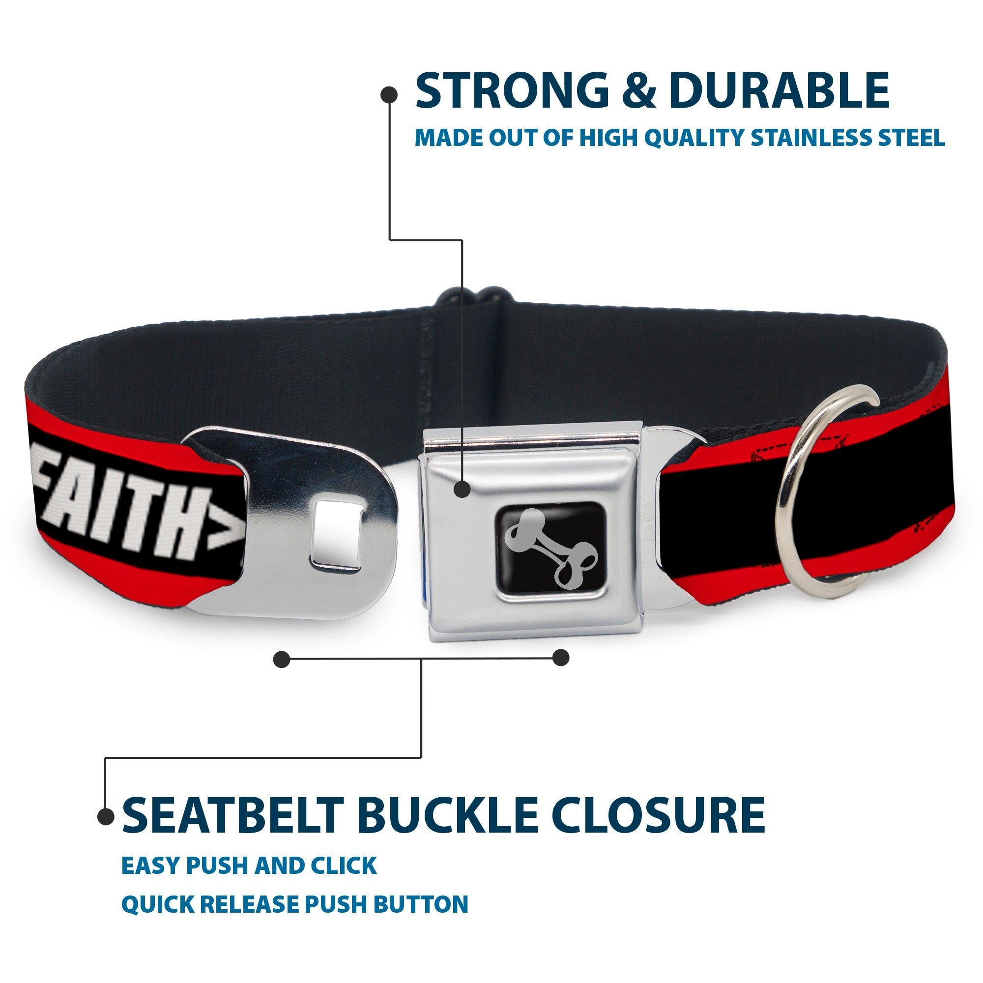 Dog Bone Black/Silver Seatbelt Buckle Collar - FAITH Greater Than FEAR Stripe Red/Black/White