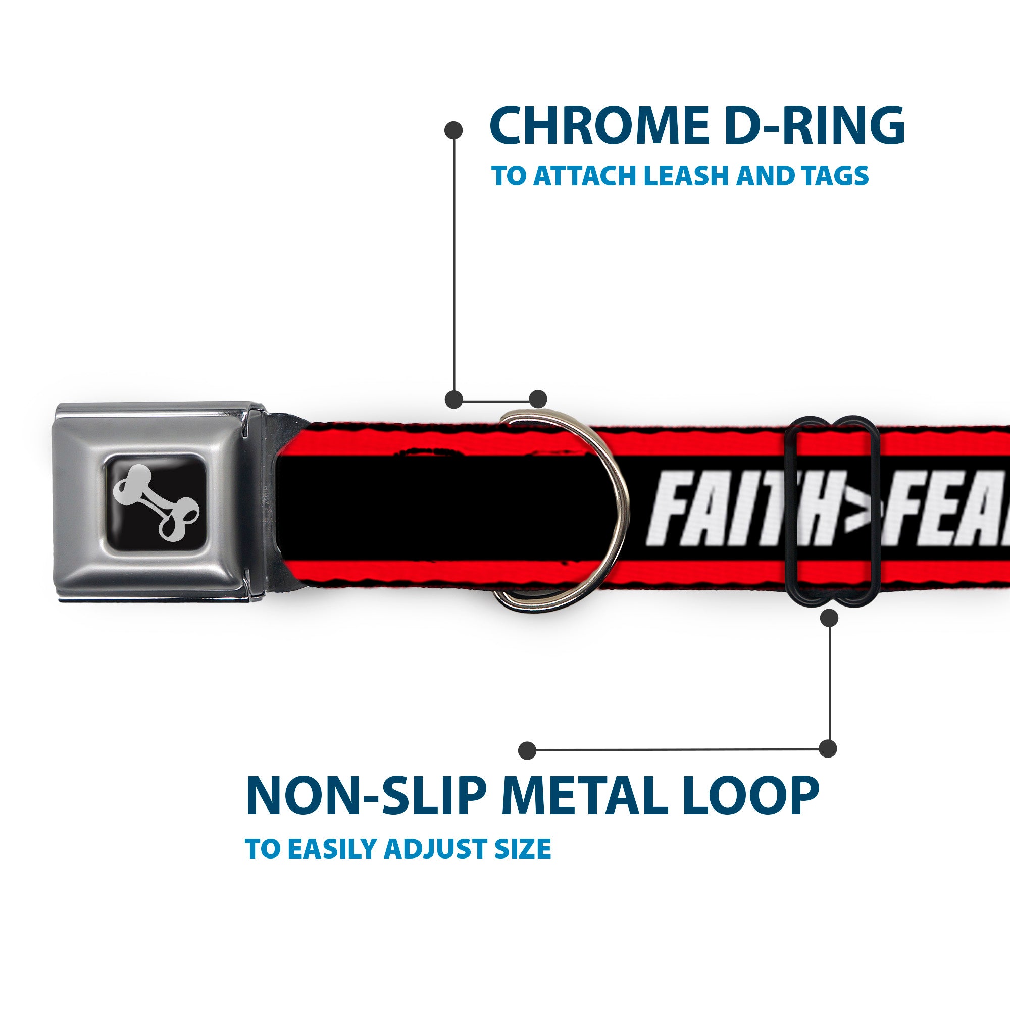 Dog Bone Black/Silver Seatbelt Buckle Collar - FAITH Greater Than FEAR Stripe Red/Black/White