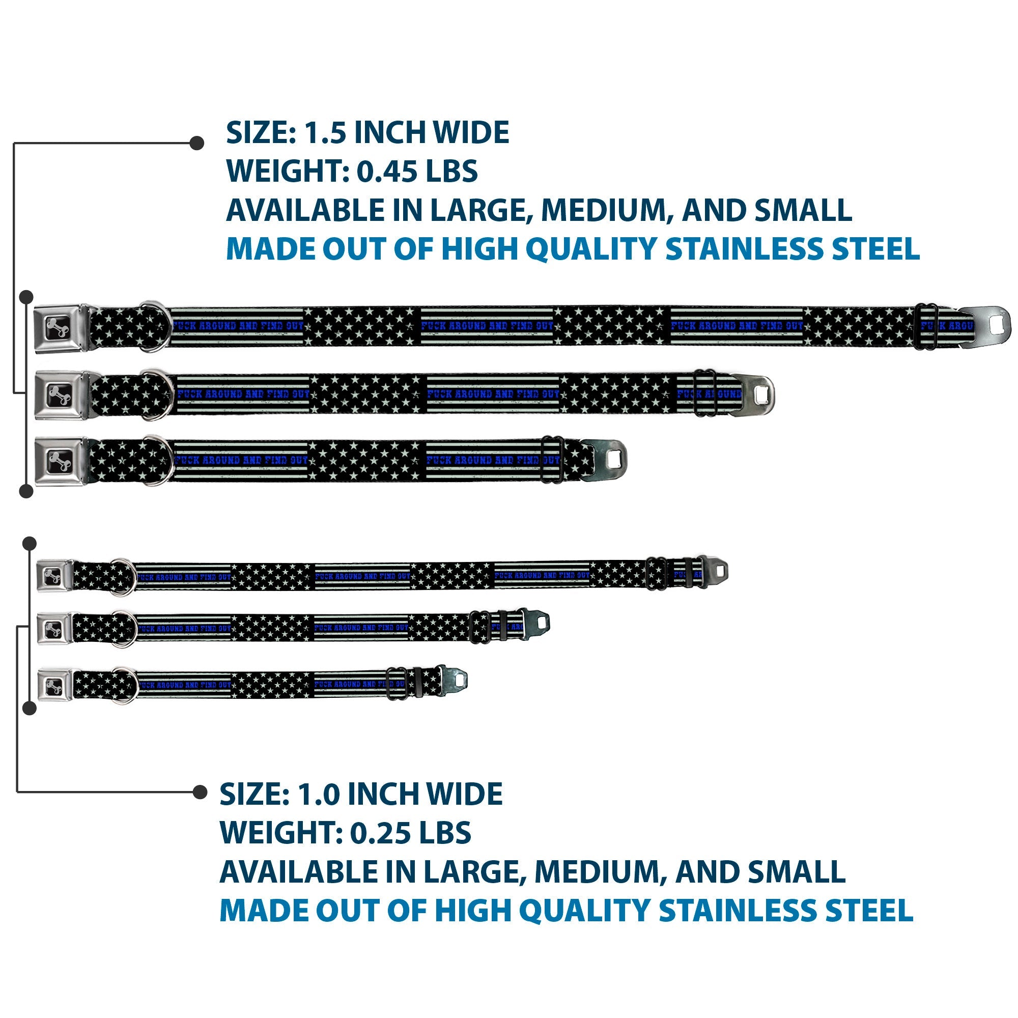 Dog Bone Black/Silver Seatbelt Buckle Collar - FAFO FUCK AROUND AND FIND OUT Thin Blue Line Flag