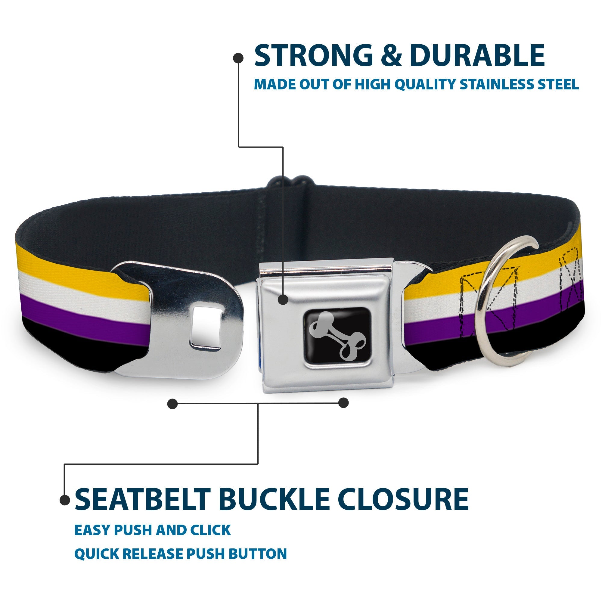 Dog Bone Black/Silver Seatbelt Buckle Collar - Flag Non-Binary Stripe