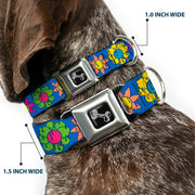 Dog Bone Black/Silver Seatbelt Buckle Collar - Funky Flower Drip Blue/Multi Color