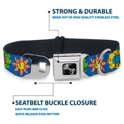 Dog Bone Black/Silver Seatbelt Buckle Collar - Funky Flower Drip Blue/Multi Color