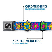 Dog Bone Black/Silver Seatbelt Buckle Collar - Funky Flower Drip Blue/Multi Color
