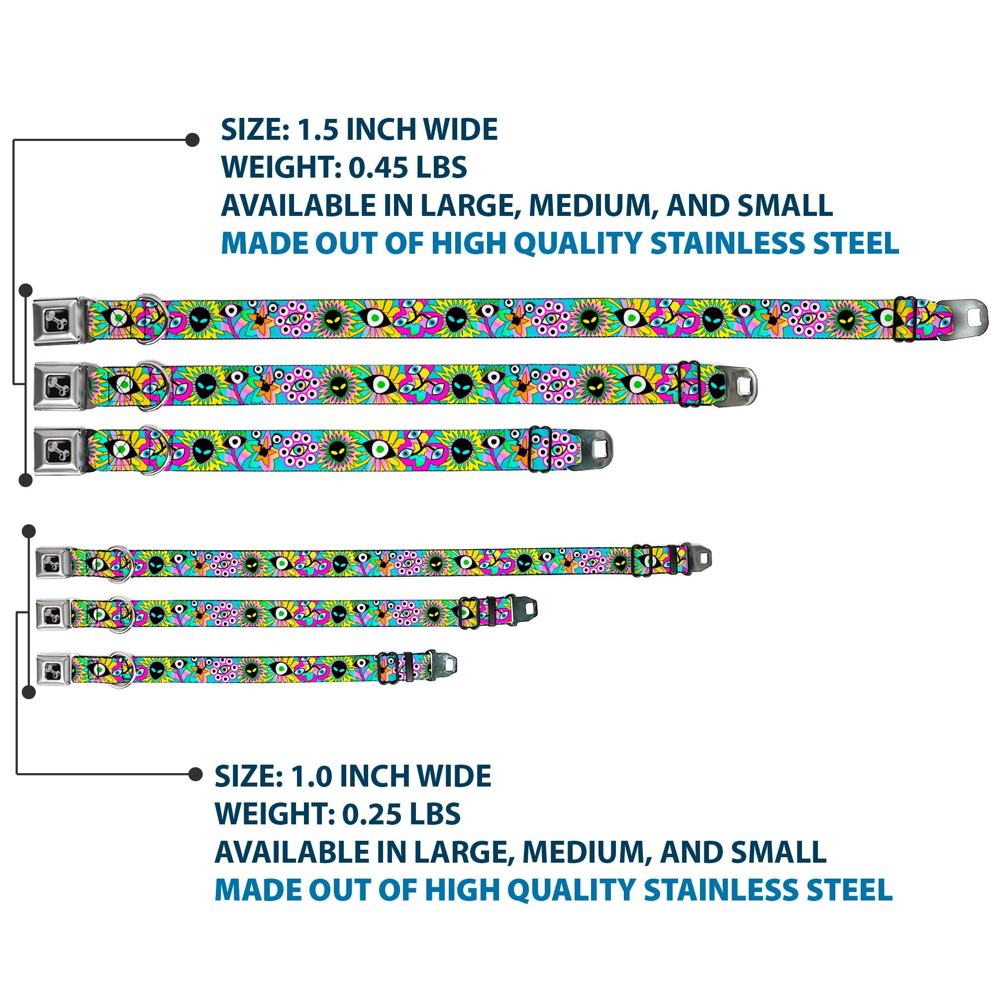 Dog Bone Black/Silver Seatbelt Buckle Collar - Funky Alien Flowers Aqua Blue/Multi Color
