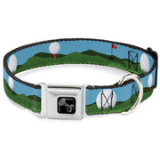 Dog Bone Black/Silver Seatbelt Buckle Collar - Golf Course/Balls/Holes Blues/Greens