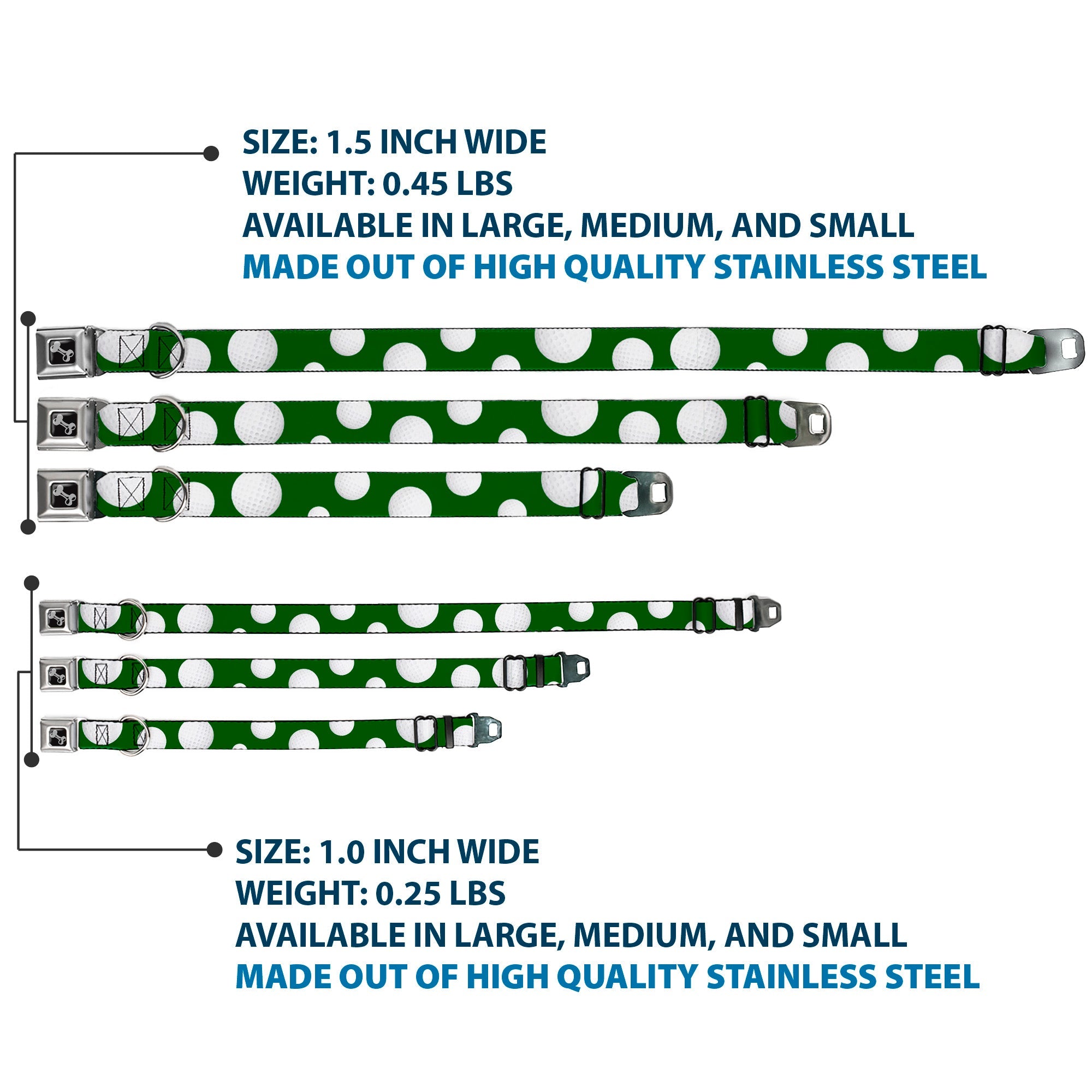 Dog Bone Black/Silver Seatbelt Buckle Collar - Golf Balls Scattered Green/White