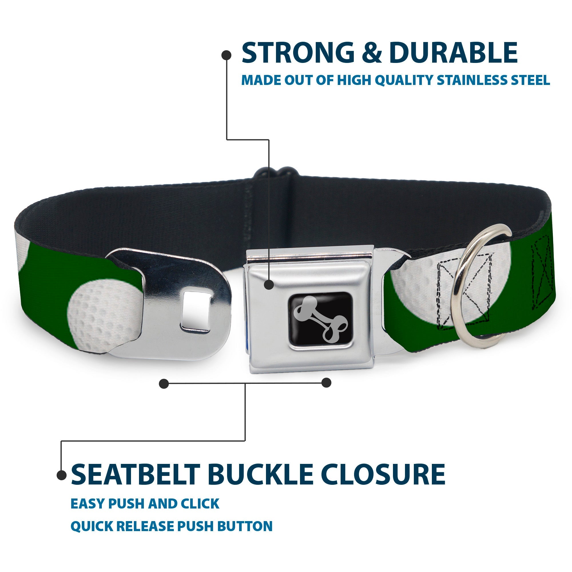 Dog Bone Black/Silver Seatbelt Buckle Collar - Golf Balls Scattered Green/White